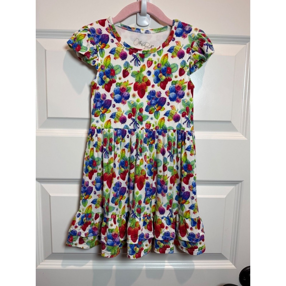 Ollie and Belle Girls 4T Bamboo Berry Print Flutter Sleeve Ruffle Twirl Dress